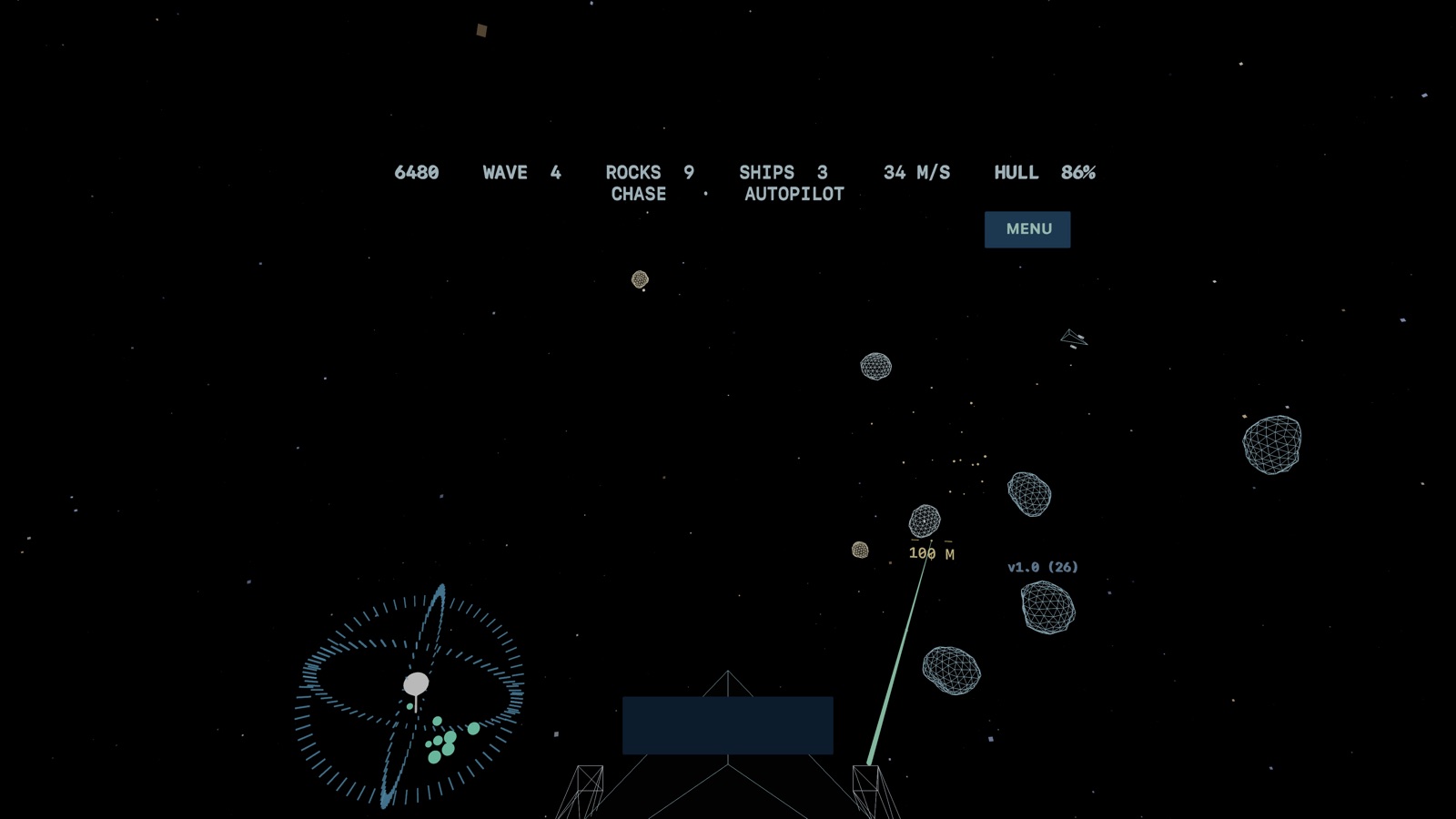 The chase view: the wedge-shaped ship seen from behind and above, low in the frame, with asteroids ahead and a laser leaving one of its gun pods.
