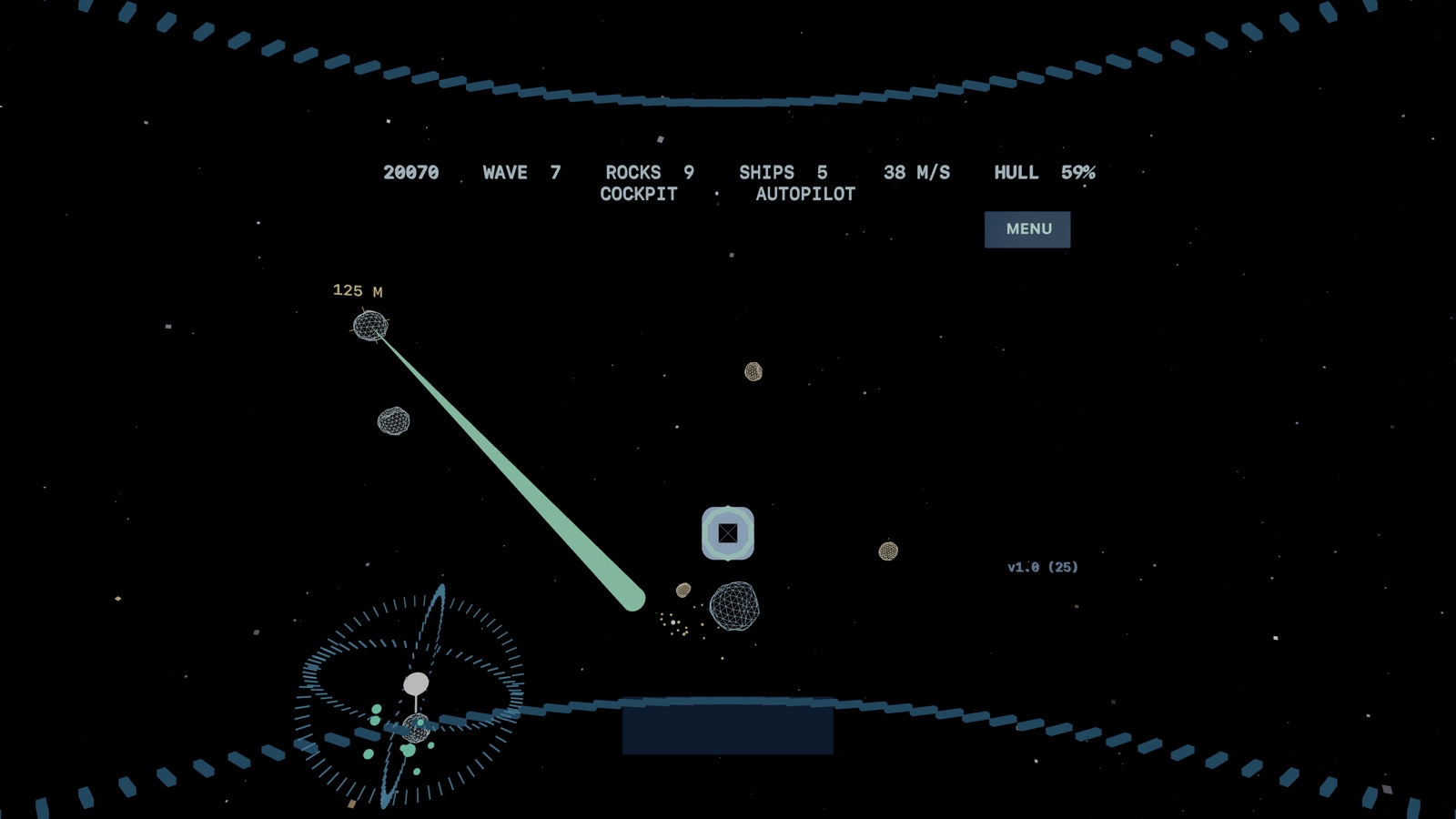 The cockpit view: a canopy frame around the edge of the view, a laser tracer running from a gun below the sight to a distant asteroid marked with its range in metres.
