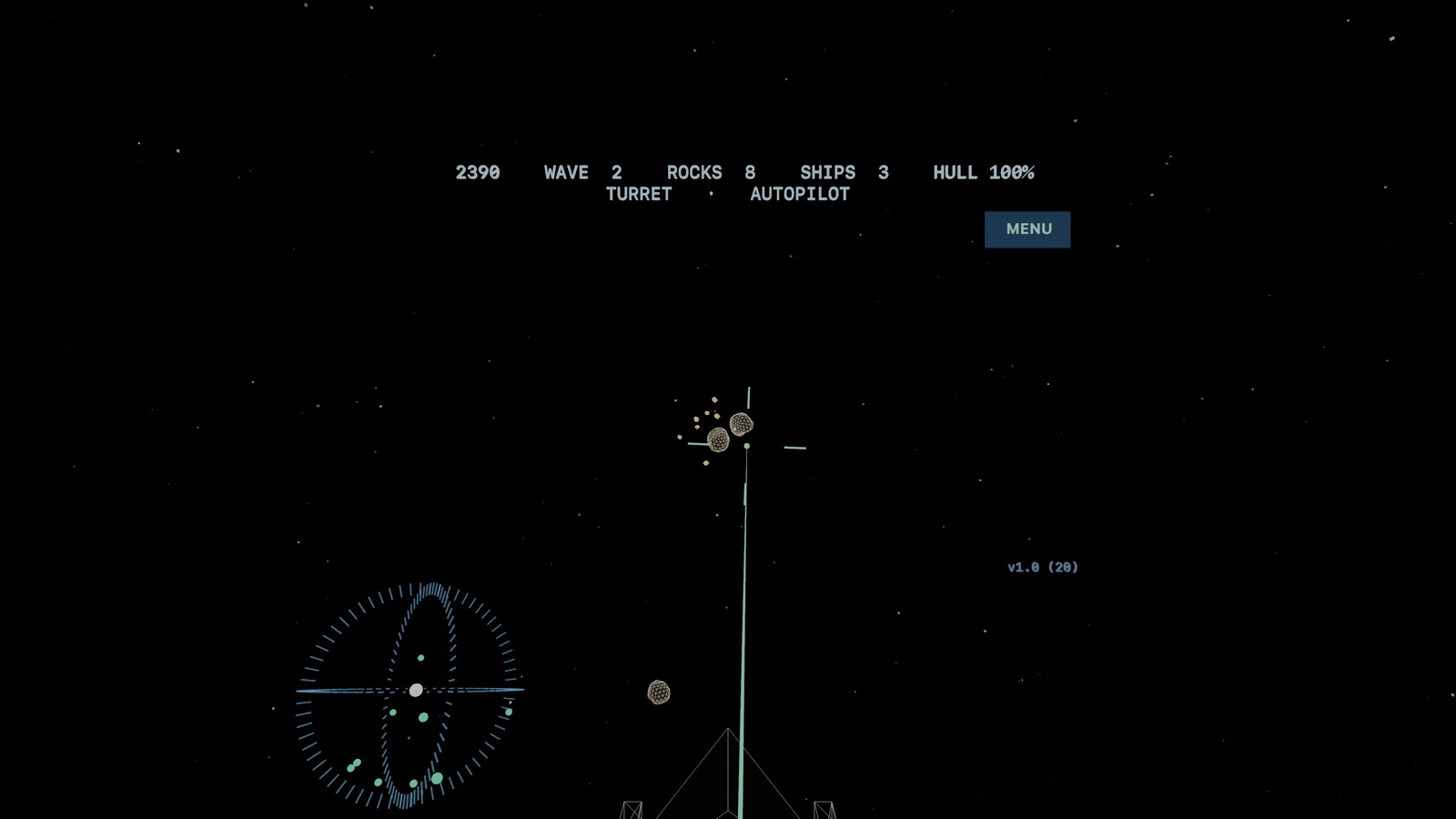 The turret view: wireframe asteroids drifting against stars, a targeting cross on one of them, a threat radar at lower left and a status line across the top.